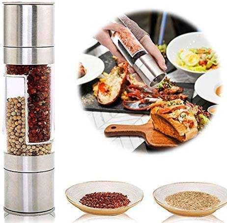 ShirazO 2-in-1 Salt and Pepper Grinder -Manual Stainless Steel Pepper Mill and Salt Grinder with Transparent Acrylic Body |Refillable Spice Grinder for Kitchen, Double Ended Design for Fresh Seasoning