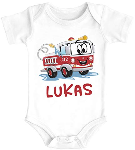 SpecialMe® Baby Body mit Namen Bedrucken Lassen Feuerwehr-Auto Namensgeschenke Kurzarm Bio Baumwolle weiß 3-6 Monate