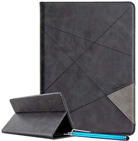 LEMORRY Hülle für Amazon Fire 7, Premium Leder Tablet Hülle Flip Cover mit Kartenfächern, Ständer, Hidden-Magnetic (Schwarz)