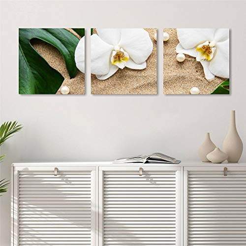 Quadri L&C ITALIA Tris Orchidea Bianca - Quadri per Bagno Moderno Zen con Fiori Bianchi Sabbia e Foglie - Quadetti da Parete 25 x 25 Stampa su Tela Canvas