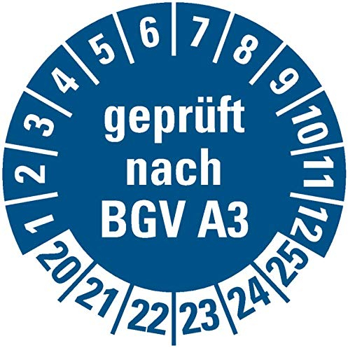 100 Stück - Prüfplakette Mehrjahresprüfplakette geprüft nach BGV A3 | 20-25 Elektro Prüfung Etikett Folie Aufkleber, blau | Ø 20mm Made in Germany