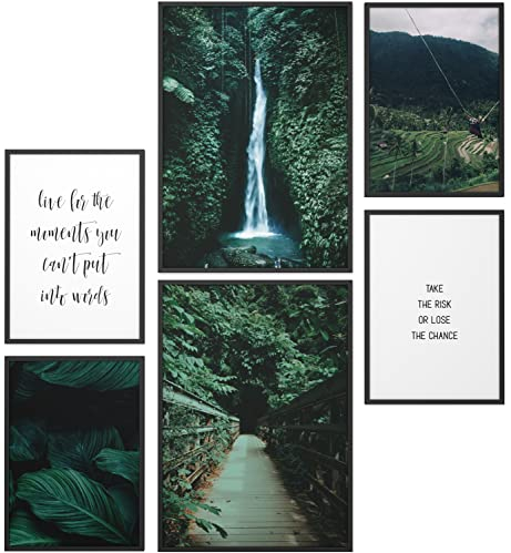 Papierschmiede® Mood Poster Set Wild Adventure, Gerahmte Bilder (Rahmen: Material und Farbe wählbar), Wohnzimmer Deko Schlafzimmer, 2x A3 und 4x A4, Natur Wald Wasserfall Grün