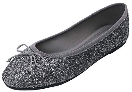 Feversole Round Glitter Ballerina, Damen Klassische Ballerinas Profilsohle Glänzende Ballerina Flach Glänzende Metallisch 41