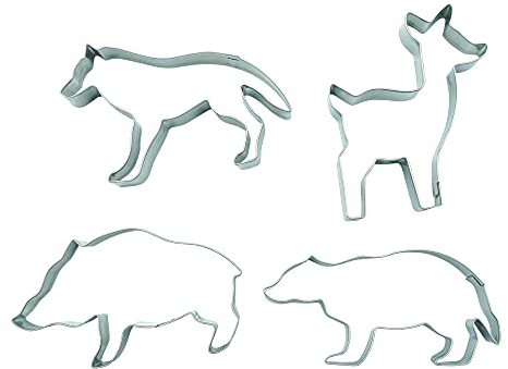 BekkiB 880751 - Juego de 4 cortadores de galletas Bosque – Moldes de galletas de animales del bosque – ciervo, lobo, tejón y jabalí