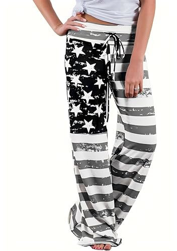 AMYTIS LINGERIE Damen Yoga-Hose Schlafanzughose weich Pyjamahose Fitness Lange Stretch Drawstring Hosen Freizeithose Strandhose Weites Bein Hose, Gray Flag, M