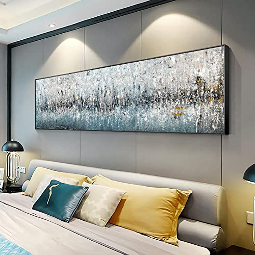 ZMFBHFBH Gerahmte Leinwand Kunstwerk Ölgemälde Morden Abstrakt Blau Grau Ozean Gemälde Wandkunst Bilder für Wohnzimmer Wohnkultur 70x210cm (28x83in) Mit Rahmen