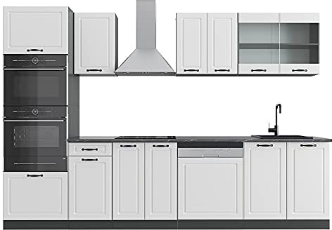 Vicco Küchenzeile R-Line, Weiß Landhaus/Anthrazit, 300 cm mit Hochschrank, ohne Arbeitsplatte