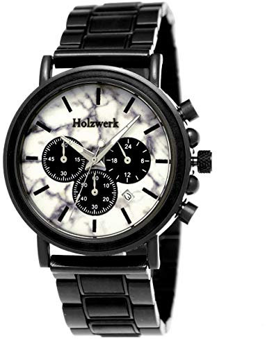 Holzwerk Germany Handgefertigte Designer Herren-Uhr Öko Natur Holz-Uhr Chronograph Armband-Uhr Analog Quarz-Uhr Braun Schwarz Weiß Marmor Stein Datum Holz Ziffernblatt