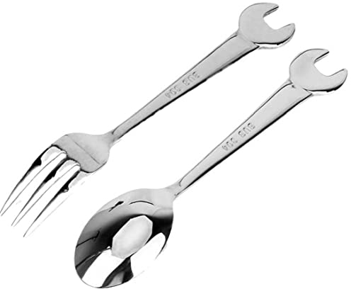 Froiny 2pc Cutlery Spoon Fork Spanner Shape Camping Tableware Kitchen Tools Stainless Steel Dinnerware Cooking Accessories, Silver