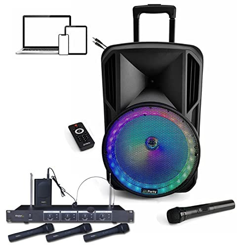 PARTY LIGHT & SOUND - Pack Karaoke Animation Enceinte sur Batterie Autonome Bluetooth USB PARTY-12RGB - Télécommande - 4 Micros sans Fil Ibiza