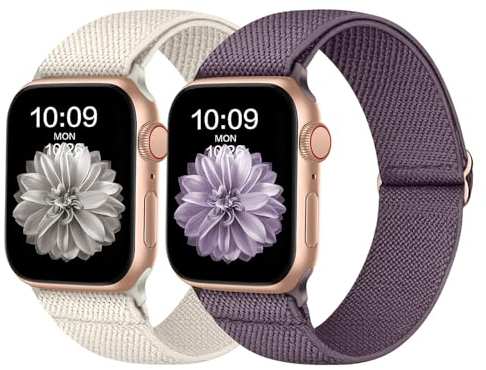 Elastisch Armband Kompatibel mit Apple Watch 49mm 45mm 44mm 42mm, Dehnbar Verstellbar Nylon Armband für Apple Watch Ultra, 8 SE 7 6 5 4 3 2 1, Rauchlila/Sternenlicht