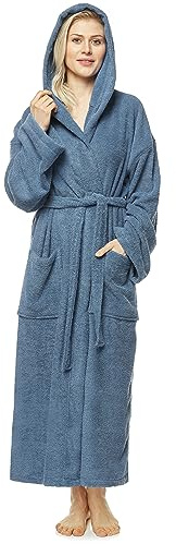Arus Damen-Bademantel mit Kapuze, knöchellang, Baumwolle, XL-XXL Lang, Blaugrau