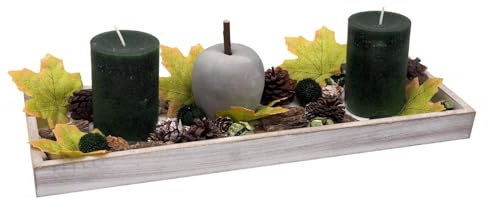 ZauberDeko Herbstgesteck länglich Tablett Holz Apfel Kerzen Grün Streudeko Herbstdeko Deko 40cm