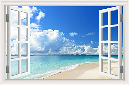 MUMUWUSG Vinyl 3D Wandaufkleber 70X50Cm Blau Himmel Strand Landschaft 3D Wandillusion Wandbild - Fototapete - Poster Xxl - Fensterblick - Vlies Leinwand - Panorama Bilder - Dekoration