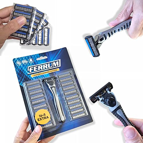 ANTEVIA - Rasoir homme manuel rechargeable avec 21 recharges et coffret de rangement pour recharge| TÊTE 3 LAMES LUBRIFIÉES | Flexible et rotatif (Ferrum)
