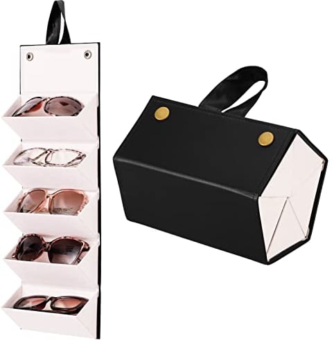 Heyu-Lotus Brillenetui Organizer, Sonnenbrillen Aufbewahrung Brillenbox Faltbaren Brillenhalter zur Aufbewahrung von 5 Brillen, Leder Brillenetui für Damen Herren(Schwarz)