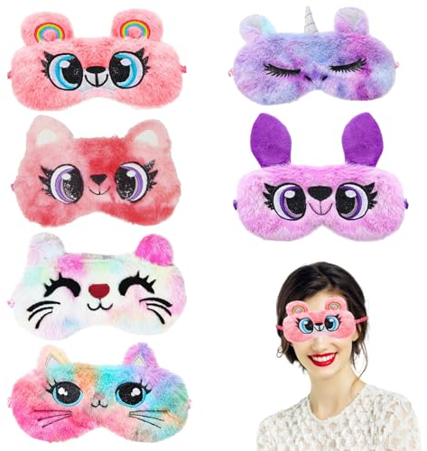 6 Pièces Masque de Sommeil Animal, 3D Mignon Dessin Animé Masque Yeux Peluche Doux Masque de Nuit, Masque pour les Yeux, Respirant Animaux Cache Yeux Dormir pour Femmes et Enfants Voyage Sieste