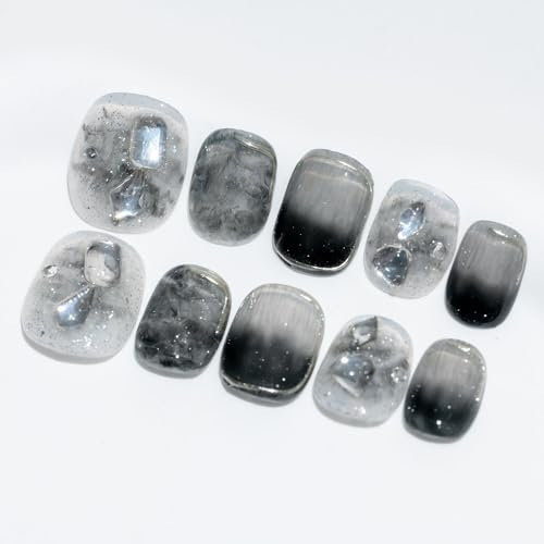 Sun&Beam Nails Handmade Press-on Short Squoval Round Silver Black Rhinestone Ombre Gradation Design Fashion False Nail Tips 10 Pcs Set (#058 M)