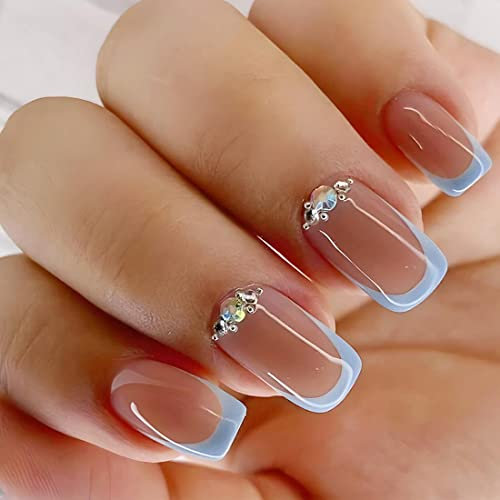 Prosy 24pcs Coffin French Crystal Butterfly Fake Nails Ballerina Glossy False Nails Full Cover Acrylic Artificial Press on Nails for Women and Girls(C)