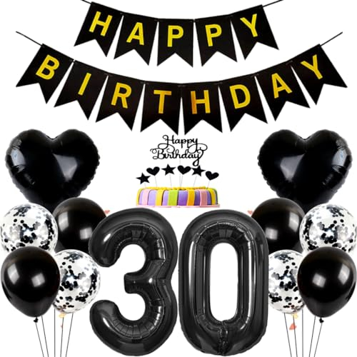 Conruich Geburtstagsdeko 30 Jahre Mann Frau, Ballon 30. Geburtstag Deko Mann, Tortendeko Geburtstag 30 Jahre Frau, Folienballon Zahl 30 Schwarz, Happy Birthday Banner für 30 Jahr Geburtstag Party Deko