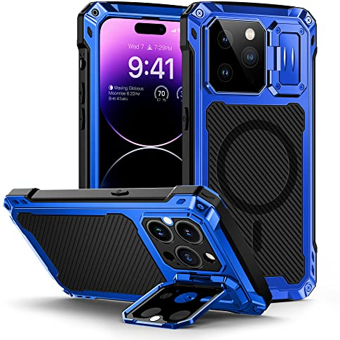 Lanhiem für iPhone 14 Pro Max Hülle, Magnetisch Metall Handyhülle mit Kameraschutz Ständer Robust Stoßfest Ganzkörper Militärstandard Schutzhülle Heavy Duty Case mit Eingebautem Displayschutz, Blau