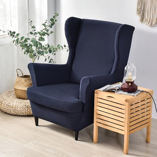 Wing Chair Slipcover 2 Piece Set, 2 IN 1 Design Solid color Jacquard Thicken Velvet Wingback Chair Covers Armchair Stretch Covers for Wingback Armchair Chairs Living Room Bedroom Hotel (Navy Blue)