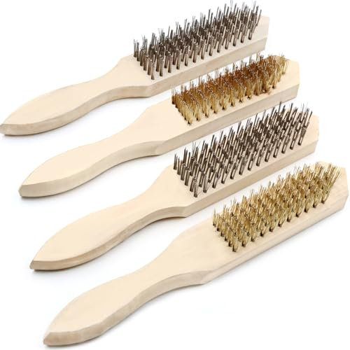 CONNECTION Drahtbürste,Messing-Drahtbürste mit Holzgriff Drahtbürsten Set 4 Stück Edelstahl-Handdrahtbürste Stahlbürste Messingbürste 13/15-reihig für Sauberen Rost Schmutz Metallbürste Wire Brush