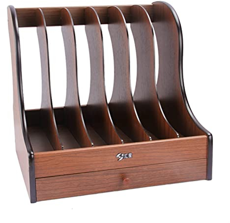 GRFIT Schreibtisch Briefablage Dokumentenablage File Rack Hölzerne antike Buch-End-Bücherregal-Büro-Desk-Dokument-Datei-Speicher-Rack 6-Fachdatei-Sortierorganisator mit Schublade Dokumentenablage