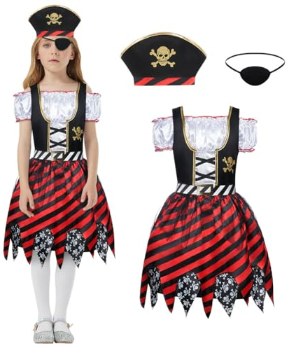 Aomig Costume de Pirate pour les enfants, Déguisement Boucanier Fille Accessoires Pirate cache-oeil Pirate Serre-Tête, Robe de Princesse Pirate de Luxe pour Filles, XL