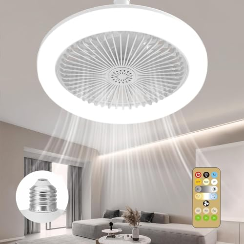 Umikk Ventilador de techo de 40 W con luz y mando a distancia, 28 cm, función de temporizador, lámpara de ventilador LED ajustable E27