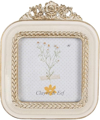 Clayre & Eef Bilderrahmen 9x9 cm Weiß Goldfarbig Kunststoff Glas Quadrat Fotorahmen