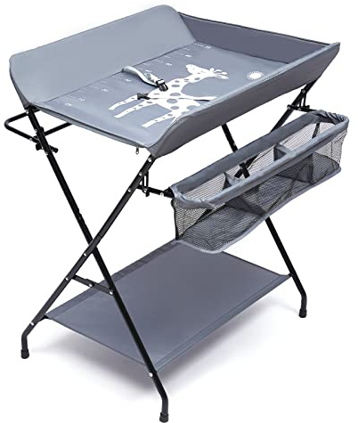 WOLEGM Baby Wickelkombi, Klappbare Wickelkommode, Mobiler Wickeltisch mit Sicherheitsgurt und Ablagefächern, Platzsparend & Stabil (Grau A)