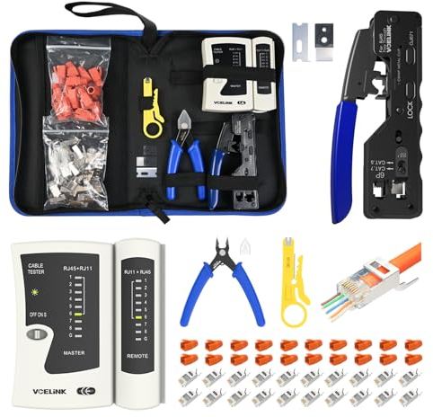 VCELINK Pinza Crimpatrice RJ45, Strumenti Kit di Rete Professionali, Manutenzione del Computer Kit, Tester Lan e 20 Connettori RJ45 Passanti Cat7, 44 in 1 Strumenti di Riparazione