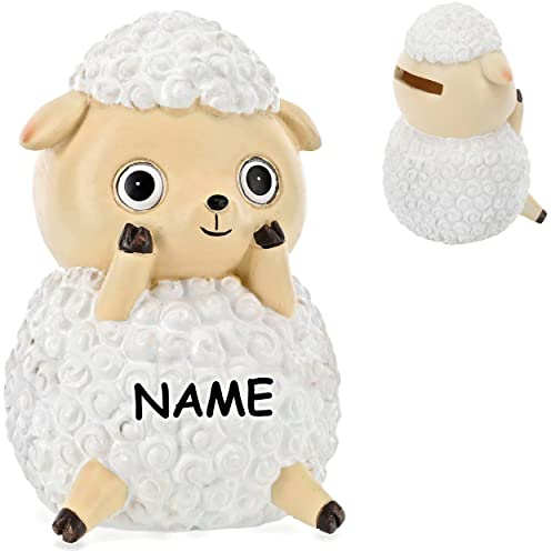 alles-meine.de GmbH große Spardose süßes Schaf inkl. Name - mit Verschluss - aus Kunstharz/Polyresin - 13 cm - stabile Sparbüchse - Sparschwein - für Kinder & Erwachsene / ..