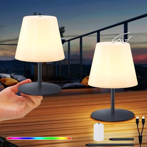 RWWR 2er Set LED Akku Tischlampe kabellos Mini Kleine dimmbar 8 Farben USB-C aufladbar Tischleuchte Outdoor/Indoor für Wohnzimmer Balkon Patio Terrasse (Grau, Touch-Schalter)