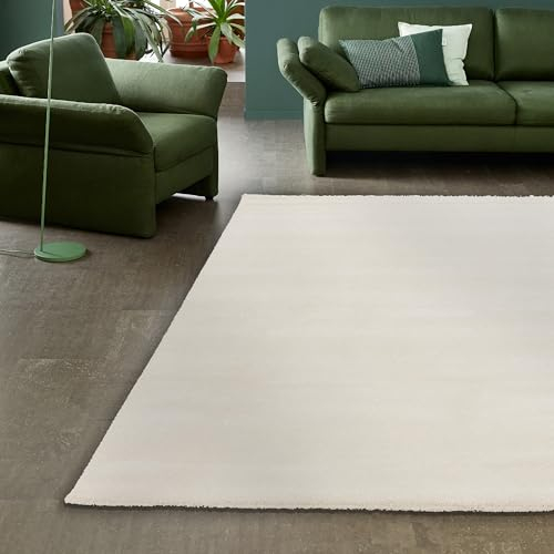 Schöner Wohnen Kollektion Hochwertiger Teppich Wohnzimmer, Schlafzimmer - Kurzflorteppich weich - Flachgewebe Moderne Muster - Schimmerndes Design - Teppich Creme 67 x 130 cm