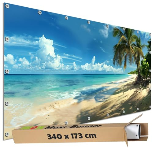 TRIOSK Große Motivplane Sichtschutz Zaunblende mit Motiv Karibikstrand Meer Palmen Strand Motivbanner Garten Deko Plane Blickdicht für Zaun Terrasse Gartenzaun Zaunplane PVC 340x173 cm