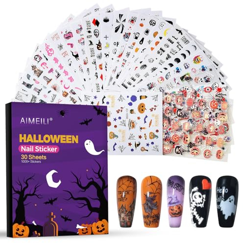 AIMEILI Halloween Nail Art Stickers Decalcomanie Autoadesive, 30 Fogli di Adesivi per Unghie 3D per Donne Ragazze Manicure DIY e Come Artigianato Artistico per Bambini