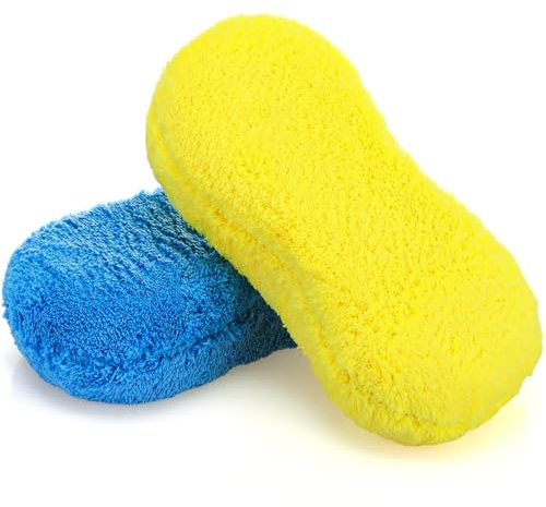 2 Pcs Large Microfiber Car Wash Sponges, 8.9 x 4.7 Inch, Blue,Yellow