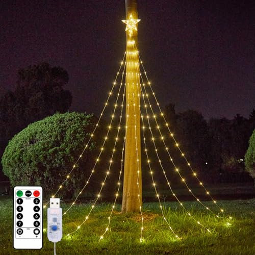 Christbaumbeleuchtung mit Sterne, 3 m Weihnachtsbaum Lichterkette, 36 × 9 LED 8 Modi Lichterkette Weihnachtsbaum mit Ring mit Fernbedienung, Wasserdichte USB Lichterkette Weihnachtsbaum für Party