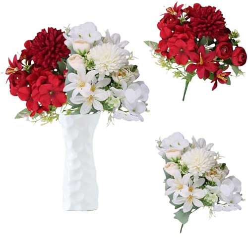 astylishome Fake Flower Artificial Hydrangea 12 Pcs Faux Ball Flowers for Home Garden Party Office Decoration Bridal Wedding Bouquets Floral Arrangement White Red 2119