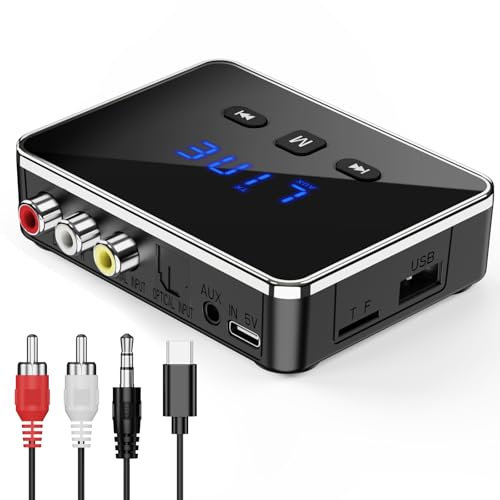 OQIMAX Wireless Bluetooth Audio Adapter, Bluetooth 5.4 Transmitter Receiver Support U-Disk & TF Cards, Optical/RCA/Aux, LED Display Bluetooth Receiver for TV, Home Stereo, Speakers, Car
