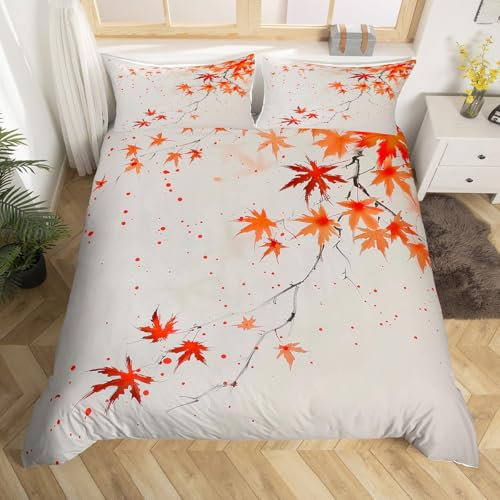 Homewish Juego de funda de edredón doble con diseño de hojas de arce, diseño de hojas de otoño, diseño de pintura de tinta, estilo chino, funda de edredón para niños, niñas y adolescentes, color