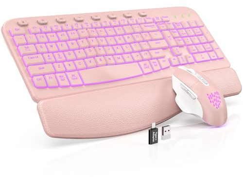 SABLUTE Combo de teclado y mouse inalámbricos ergonómicos, teclado Wave con reposamuñecas de cuero suave, teclas resistentes, juego recargable retroiluminado RGB para PC/Mac/Chromebook (rosa)