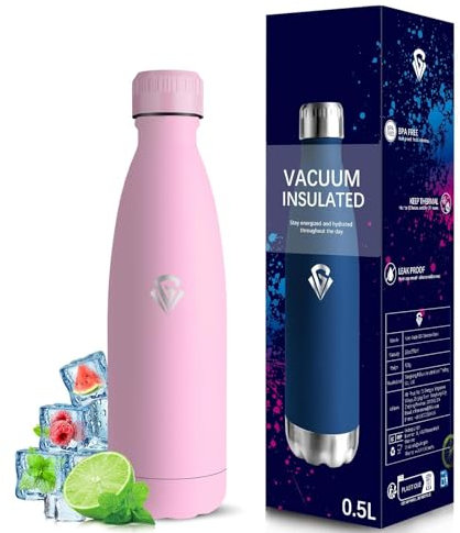 Grsta Gourde Isotherme, Gourde 500ml, Anti Fuite, Gourde Inox, 24h Froid & 12h Chaud, Gourde sans Bpa, Gourde Metal, Facile à Transporter, Bouteille d'eau pour l'École, Bureau, Voyage, Camping, Rose