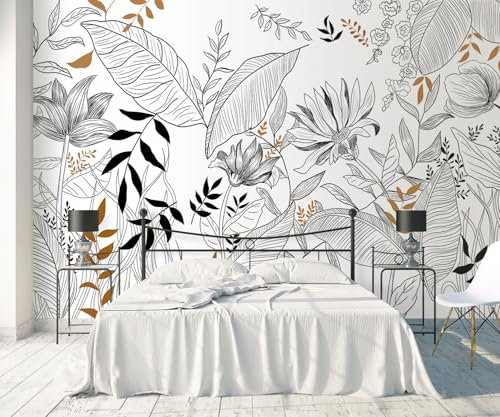 ZXCHEE Papier Peint Panoramique Feuilles Florales Noir Et Blanc Papier Peint 3D Tapisserie Salon Chambre Décoration Murale -ZCS02-350x250cm (Width x Height)