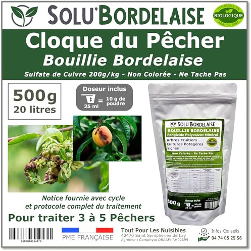 Solu'Bordelaise - Cloque du Pêcher - 500 g de Bouillie Bordelaise Non Colorée - Fongicide Polyvalent à base de Sulfate de Cuivre 200 g/kg - Doseur Inclus - Utilisable en Agriculture Biologique