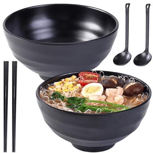 BAIFULAI Lot de 2 bols à ramen 1400 ml en plastique imitation porcelaine avec cuillère et baguettes, texture givrée chinoise, vaisselle noire pour pâtes, salade et soupe