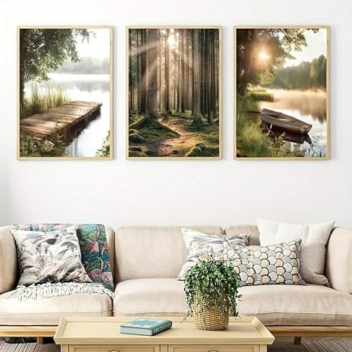 AQCQDQ Poster 3er Set Wald, Moderne Berge Wald Natur Landschaft Bilder, Sonnenschein See Berg Boot Poster, Ohne Rahmen Wandbilder (50x70 cm)