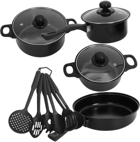 Ciieeo Set Pentole e Padelle Ghisa Antiaderente 7 Pezzi 3 Coperchi Trasparenti Manici Sicuri Adatte a Elettrici Gas e Induzione per Friggere Stufare e Bollire